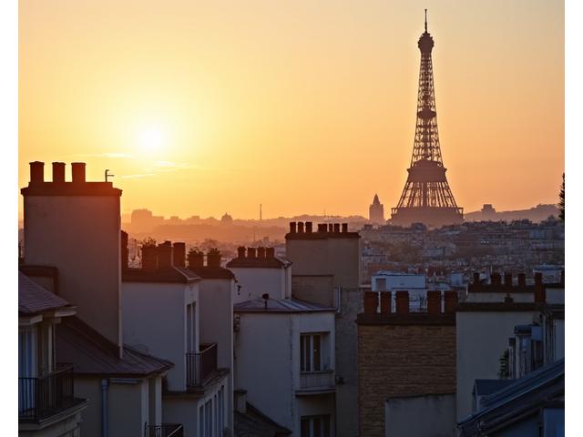 Une scène paisible avec une vue sur les toits de Paris et la Tour Eiffel au coucher du soleil, symbolisant l'intégration et la nouvelle vie.