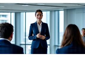 Une femme d'affaires présentant lors d'une réunion professionnelle dynamique avec des collègues, illustrant les cours de français des affaires pour la communication professionnelle.