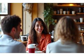 Un groupe de personnes de différents âges souriant et engagé dans une conversation détendue autour d'un café, représentant les groupes de conversation en français.