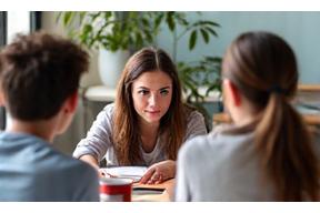 Un petit groupe d'étudiants multiculturels engagés dans une discussion animée avec un professeur autour d'une table, symbolisant l'apprentissage du français en groupe.