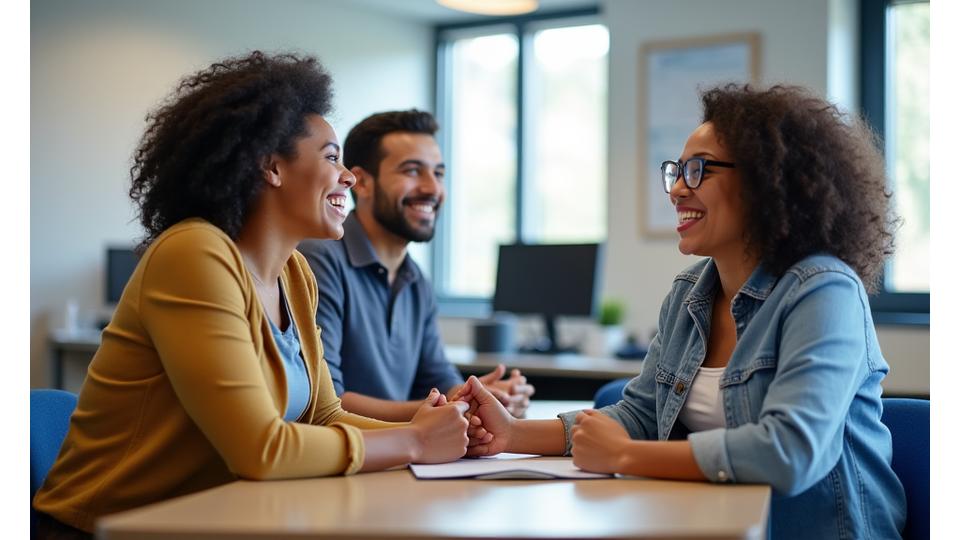 Deux étudiants souriants discutant joyeusement dans une salle de classe moderne avec un professeur en arrière-plan, symbolisant l'apprentissage interactif du français.